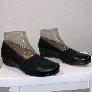ECCO SLIP ON CLOGS MULES BLACK LEATHER ELASTIC BAND SIZE 40 WOMENS JARY JANE